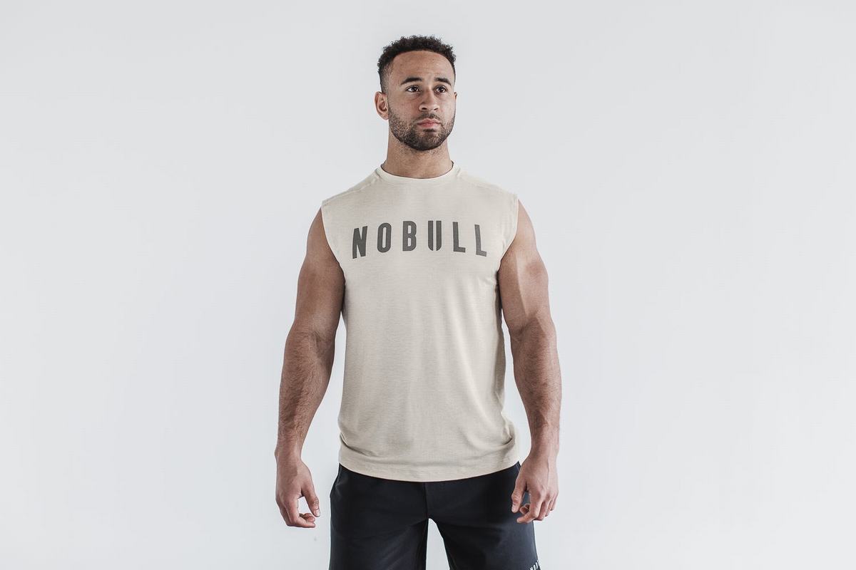 Beige Men's Nobull Sleeveless T Shirts | USA430652