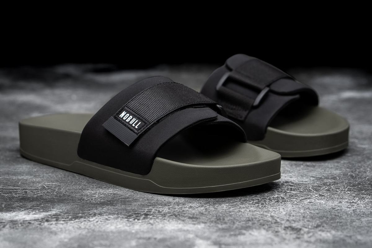 Black Dark Green Men's Nobull Adjustable Slides | USA384057