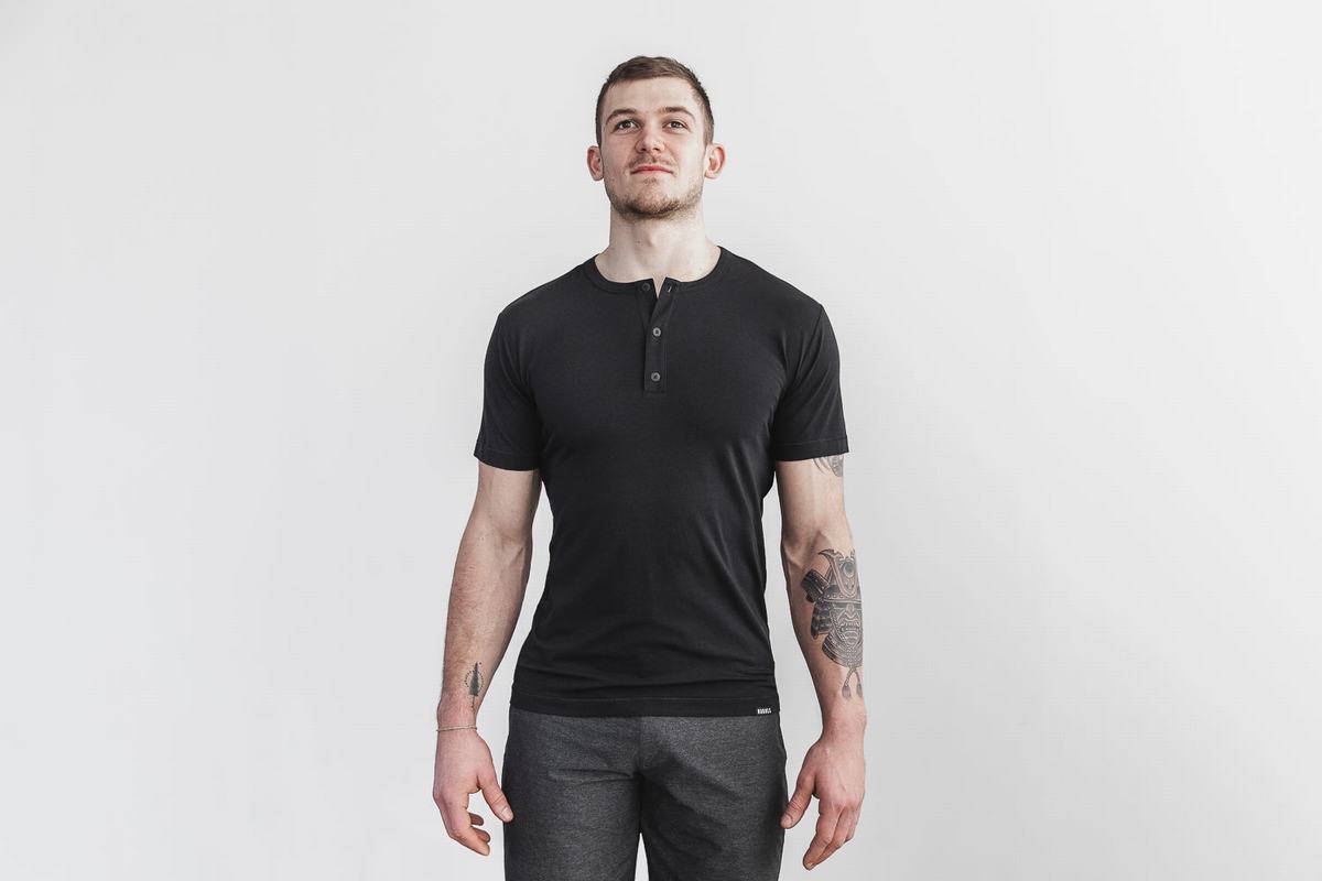 Black Men's Nobull Lightweight Henley T Shirts | USA603128