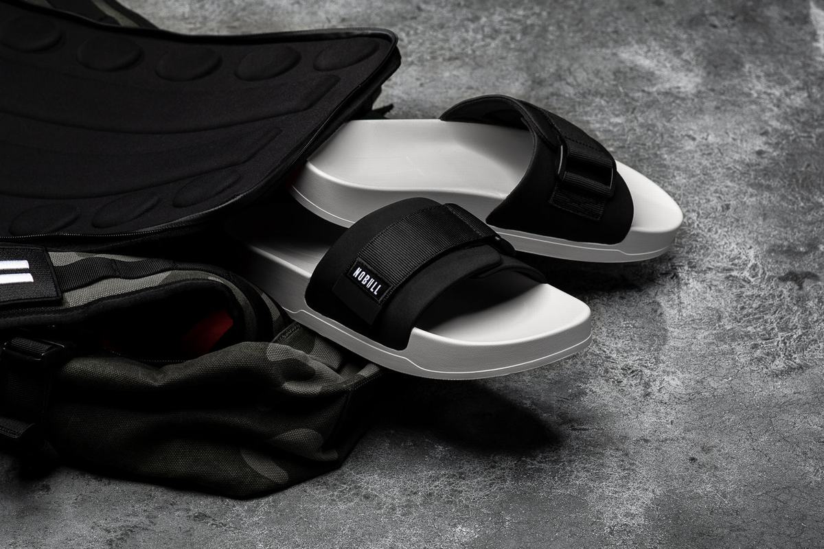 Black White Men's Nobull Adjustable Slides | USA801452