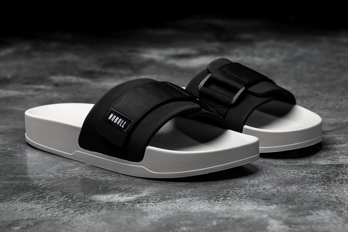 Black White Men's Nobull Adjustable Slides | USA801452