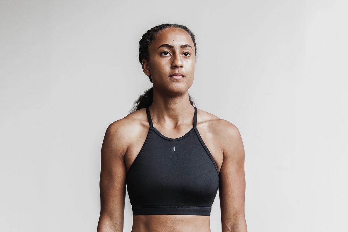 Black Women's Nobull Halter Plush Heather Sports Bras | USA913076