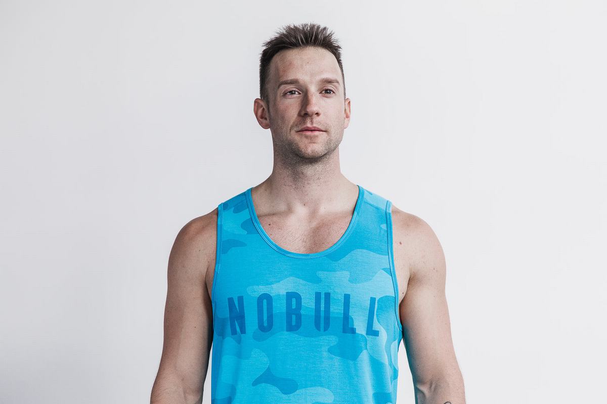 Blue Camo Men\'s Nobull Neon Tank Tops | USA348016