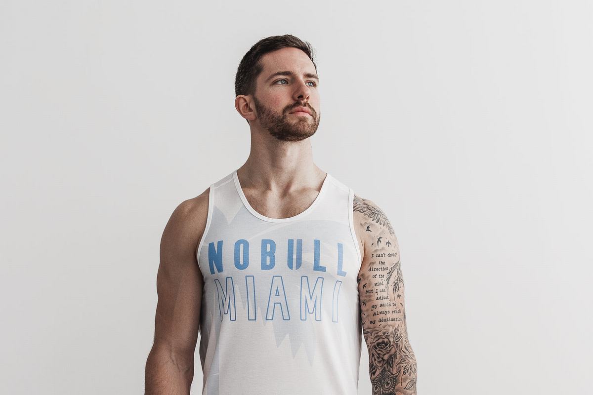 Blue Men's Nobull Miami Palm Tank Tops | USA290761