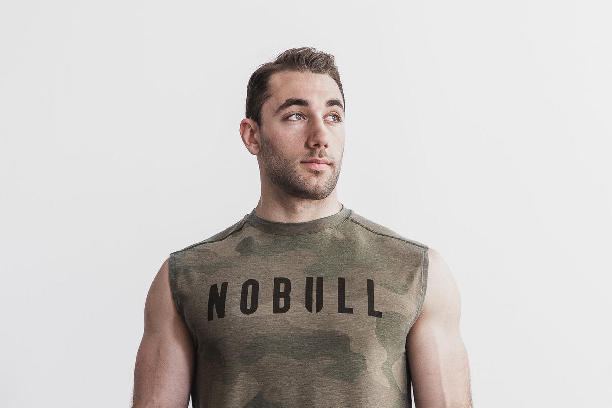 Green Camo Men\'s Nobull Sleeveless T Shirts | USA308625