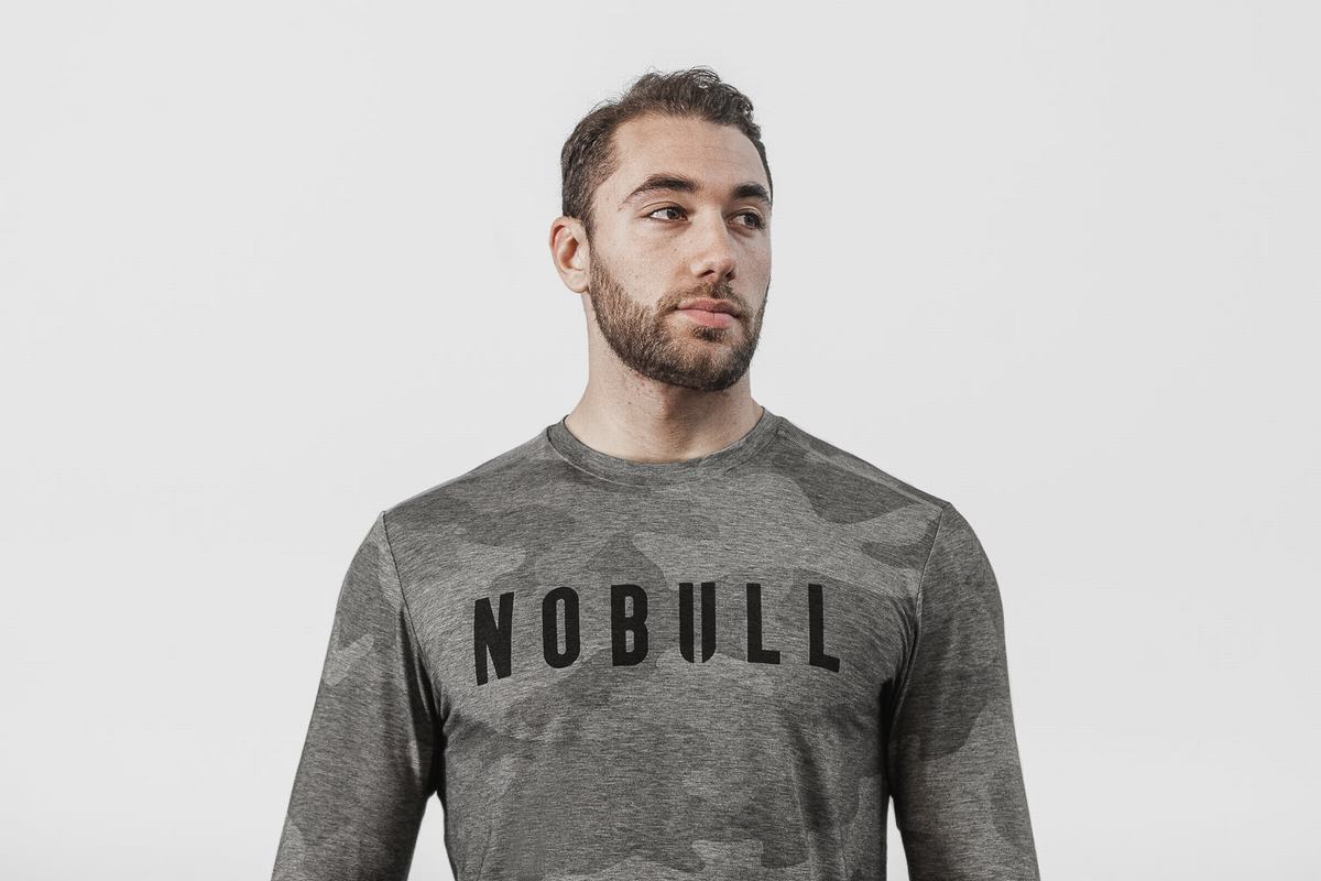 Grey Camo Men\'s Nobull Long Sleeves | USA018275