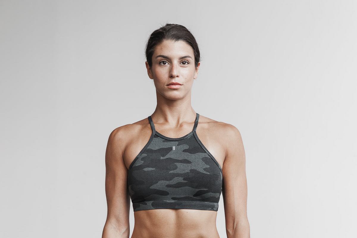 Grey Camo Women\'s Nobull Halter Plush Heather Sports Bras | USA605279