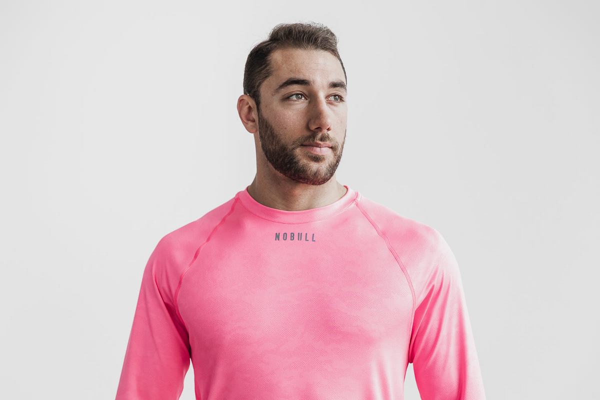 Pink Camo Men\'s Nobull Lightweight Textured Long Sleeves | USA146980