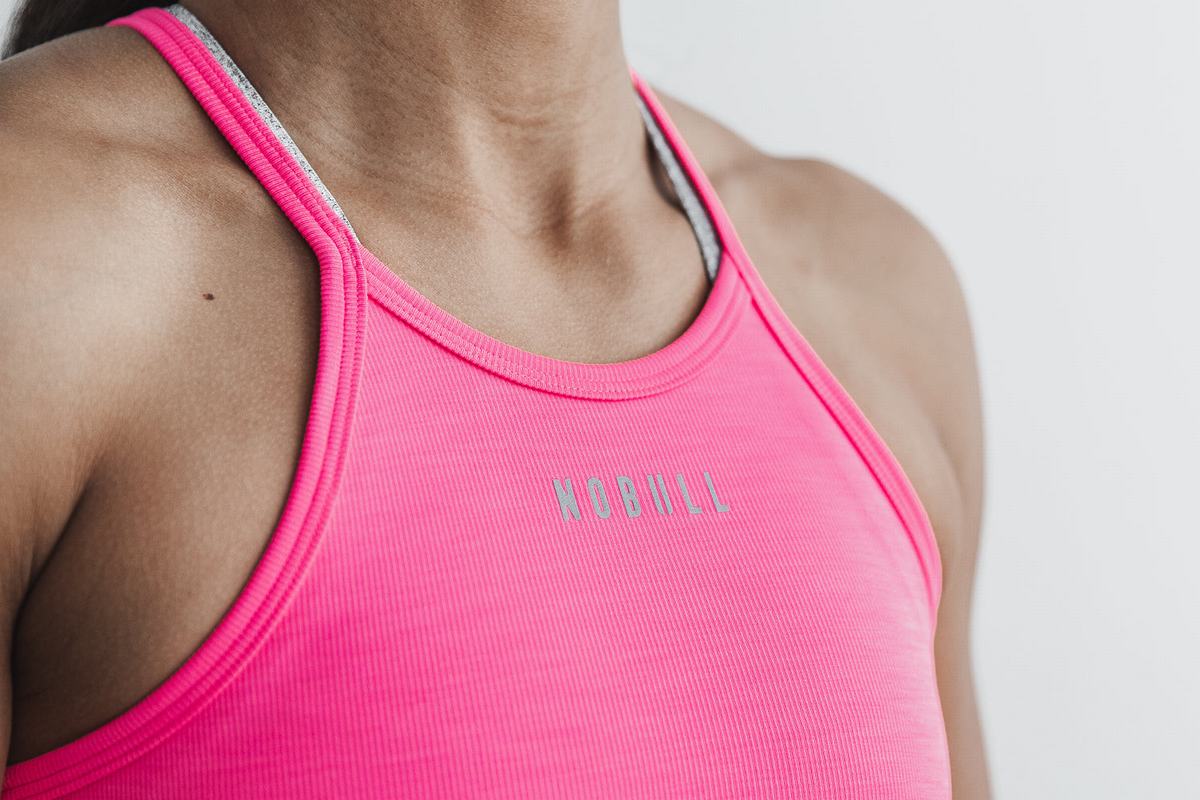 Pink Women's Nobull Halter Crop Neon Ribbed Tank Tops | USA837164