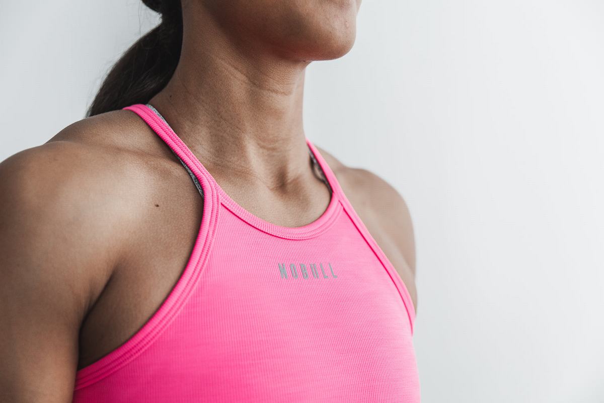 Pink Women's Nobull Halter Neon Ribbed Tank Tops | USA562719