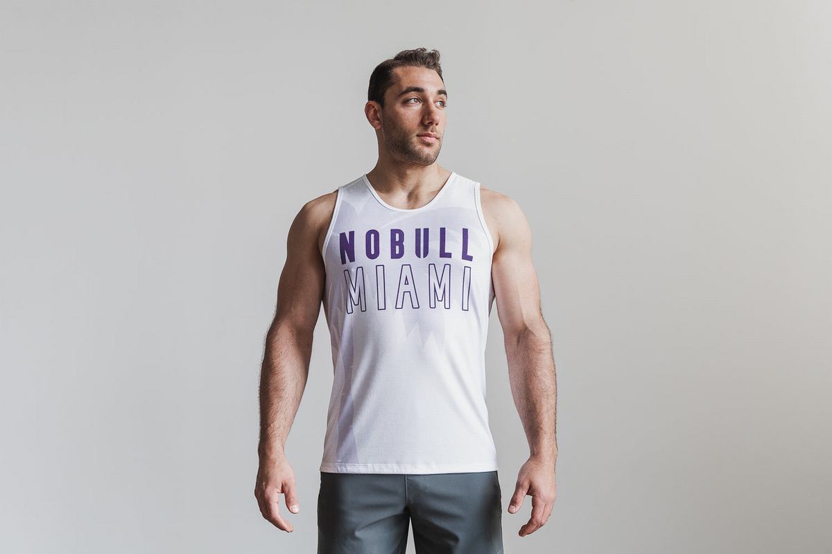 Purple Men\'s Nobull Miami Palm Tank Tops | USA305691