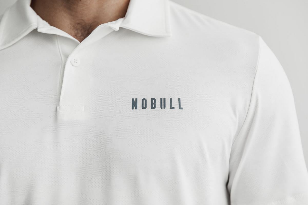 White Camo Men's Nobull Lightweight Textured Polo T Shirts | USA621370