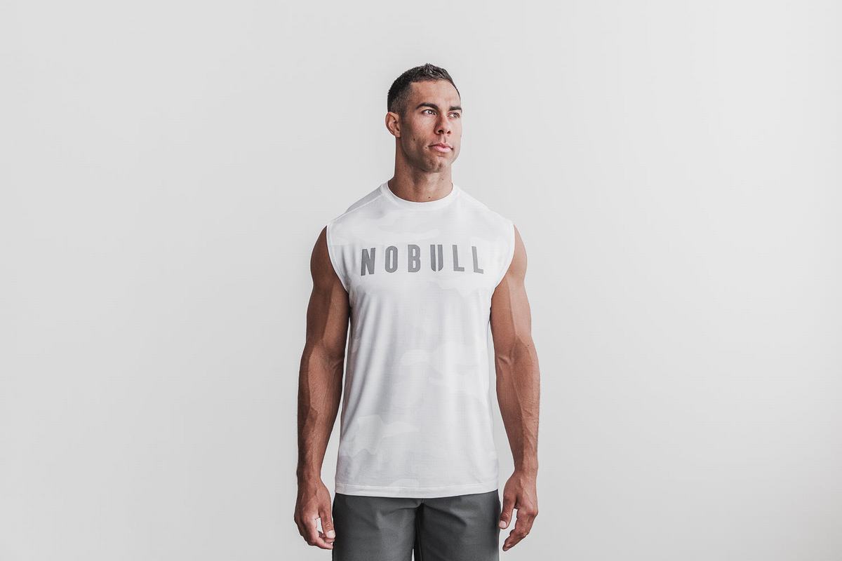 White Camo Men's Nobull Sleeveless T Shirts | USA350726