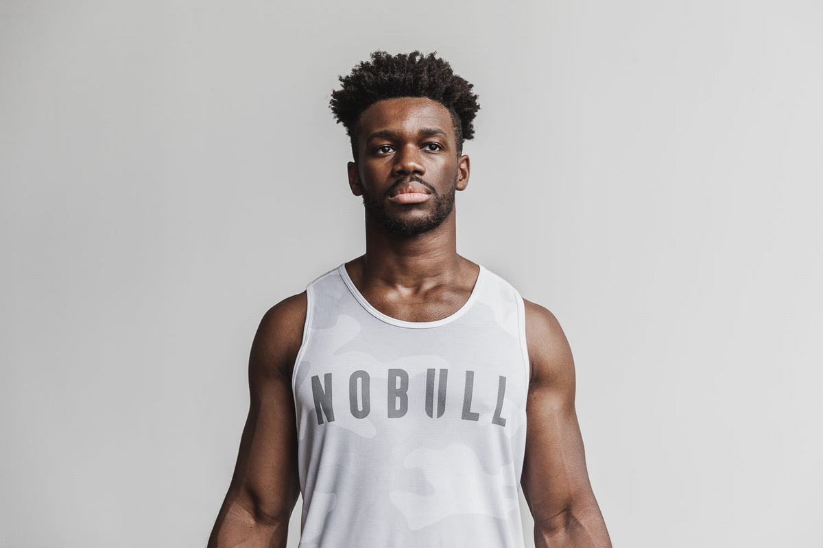 White Camo Men's Nobull Tank Tops | USA368917