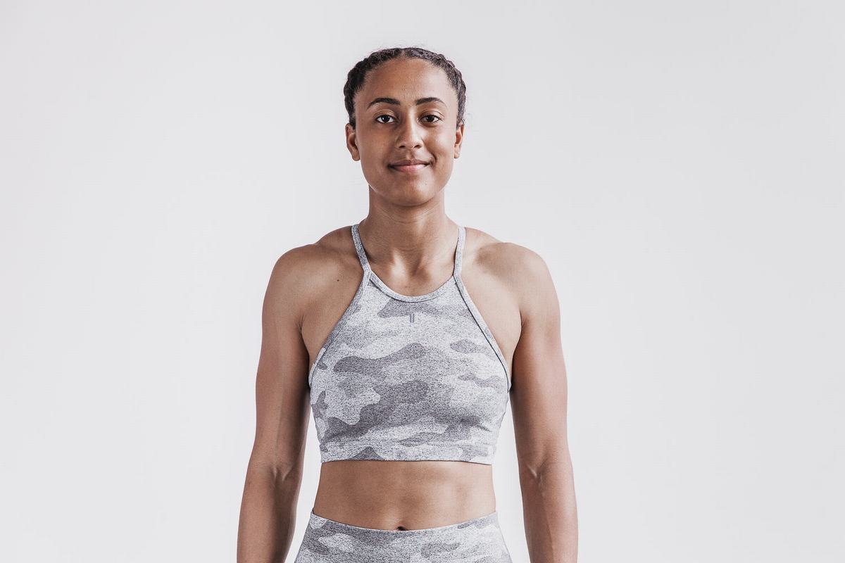 White Camo Women's Nobull Halter Plush Heather Sports Bras | USA826439