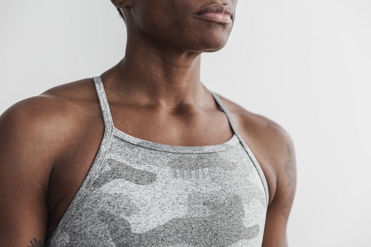 White Camo Women's Nobull High-Neck Plush Heather Sports Bras | USA105486