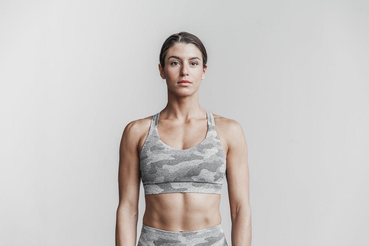 White Camo Women\'s Nobull Pace Plush Heather Sports Bras | USA865497