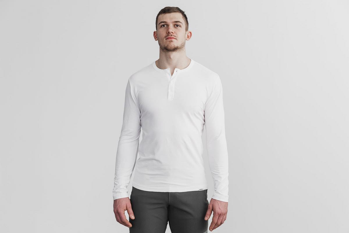 White Men's Nobull Lightweight Henley Long Sleeves | USA405723