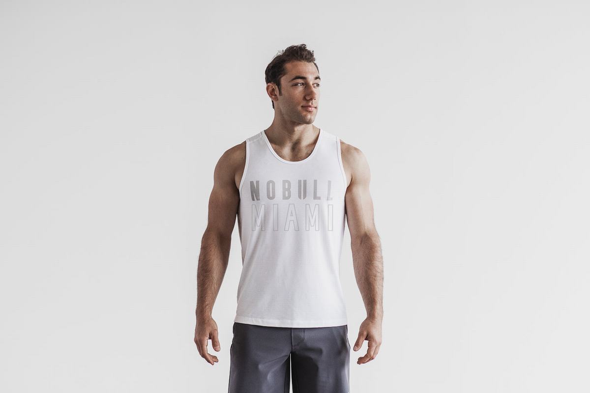 White Men's Nobull Miami Tank Tops | USA063927