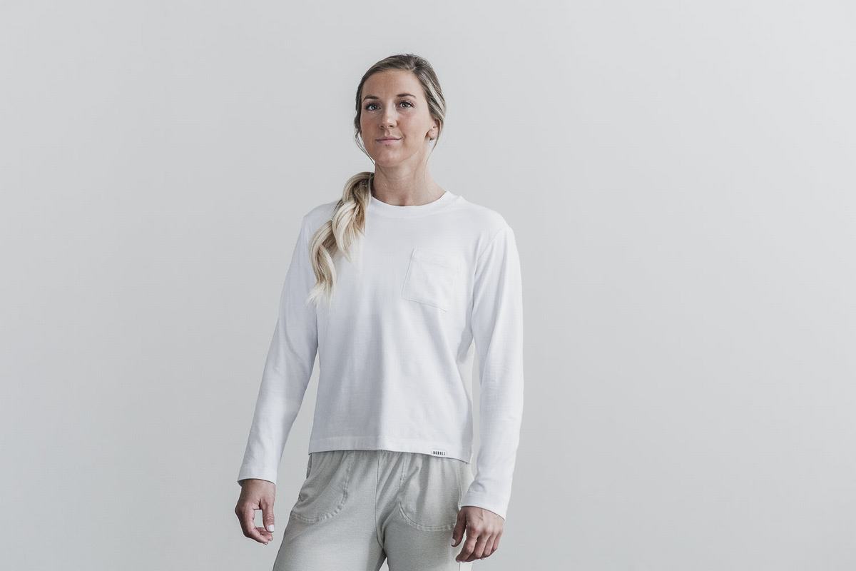 White Women's Nobull Heavyweight Pocket Boxy Long Sleeves | USA781392