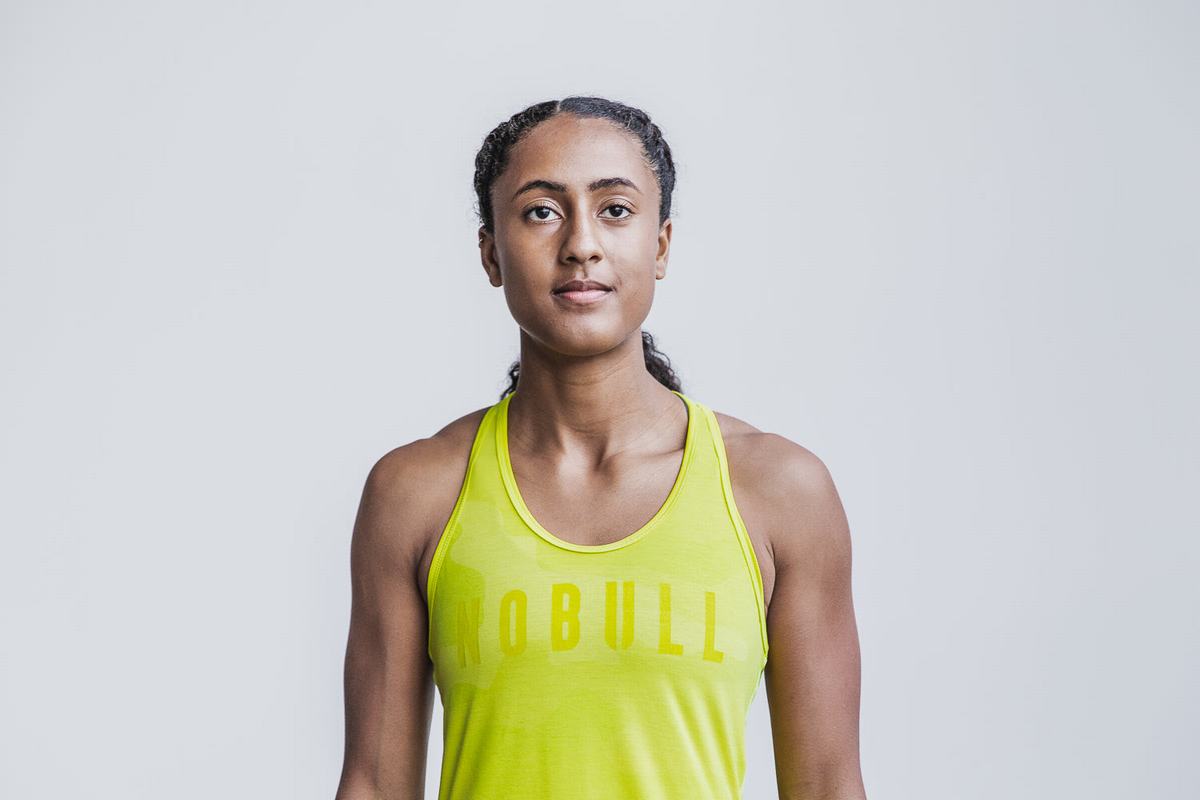 Yellow Camo Women's Nobull Racerback Neon Tank Tops | USA826793