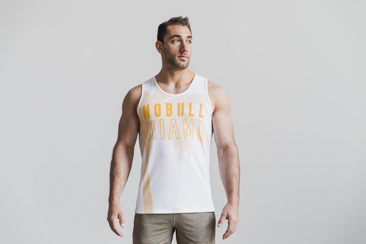 Yellow Men\'s Nobull Miami Palm Tank Tops | USA678459