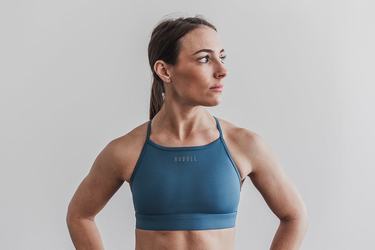 Grey Blue Women's Nobull High-Neck Sports Bras | USA812037