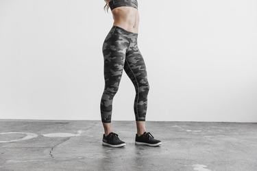 Grey Camo Women's Nobull Mid-Rise Crop Plush Heather Tights | USA568139