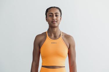 Orange Women's Nobull Halter Crop Neon Ribbed Tank Tops | USA364980