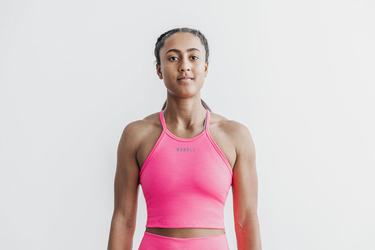 Pink Women's Nobull Halter Crop Neon Ribbed Tank Tops | USA837164