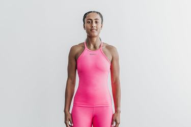 Pink Women's Nobull Halter Neon Ribbed Tank Tops | USA562719